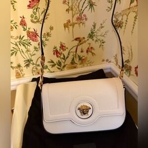 Versace Cream Leather Adjustable Crossbody Bag with Gold Accents